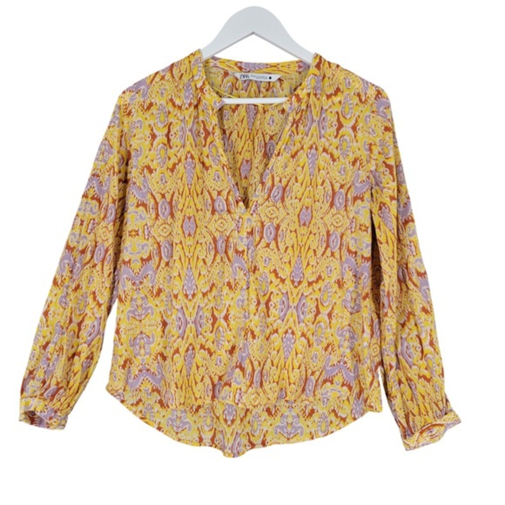 Zara Blouse‎ Womens XS Yellow Ikat Paisley Print V-Neck Long Sleeve Cotton Boho